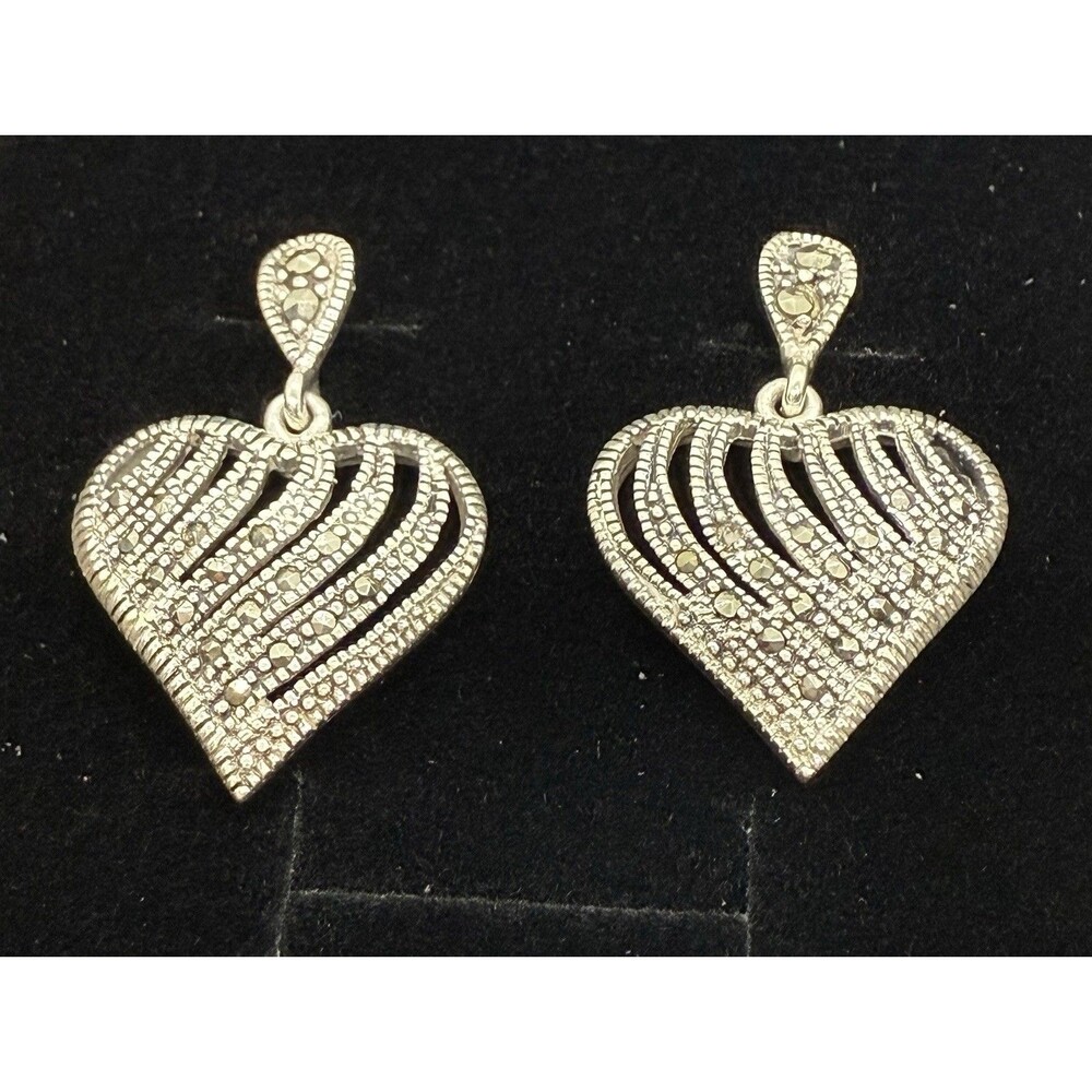 Vintage Heart Shaped Sterling Silver 925 & Marcasite Earrings Diamond Read Descr - Picture 2 of 12